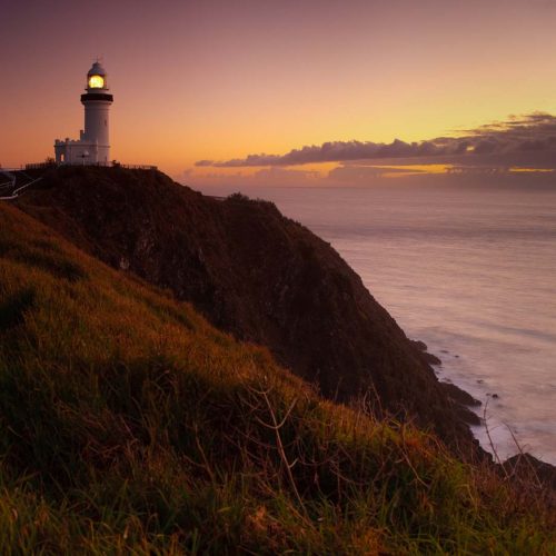 Twilight (before dawn) shot of Byron Bay Lighthouse. Square format stitched panorama.